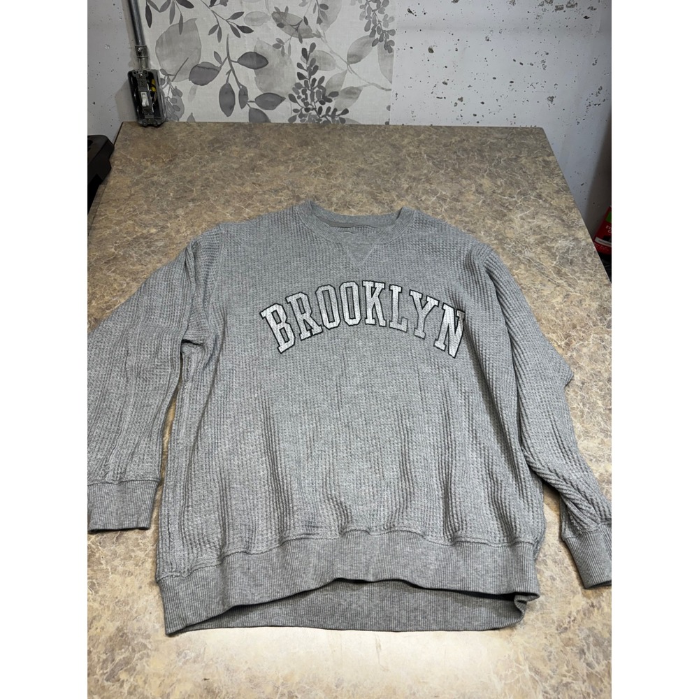 Aerie Brooklyn Graphic Waffle Knit Thermal Sweatshirt Grey Medium RN 54485